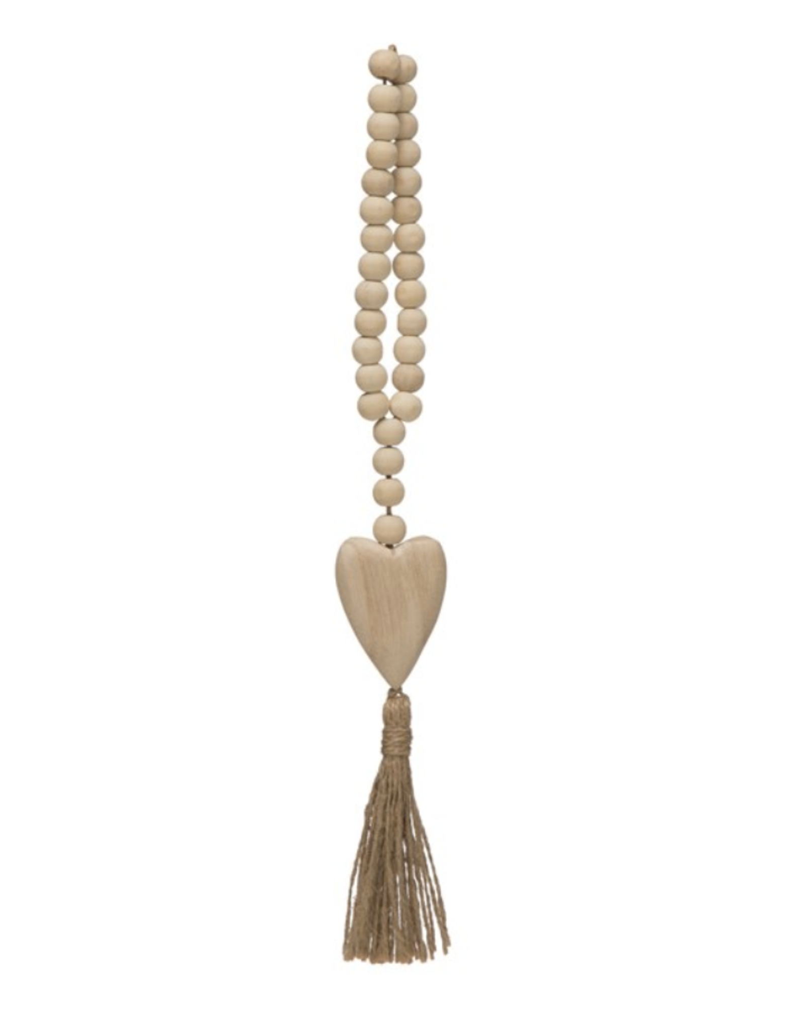Creative Co-Op Wood Beads with Wood Heart Pendant & Jute Tassel
