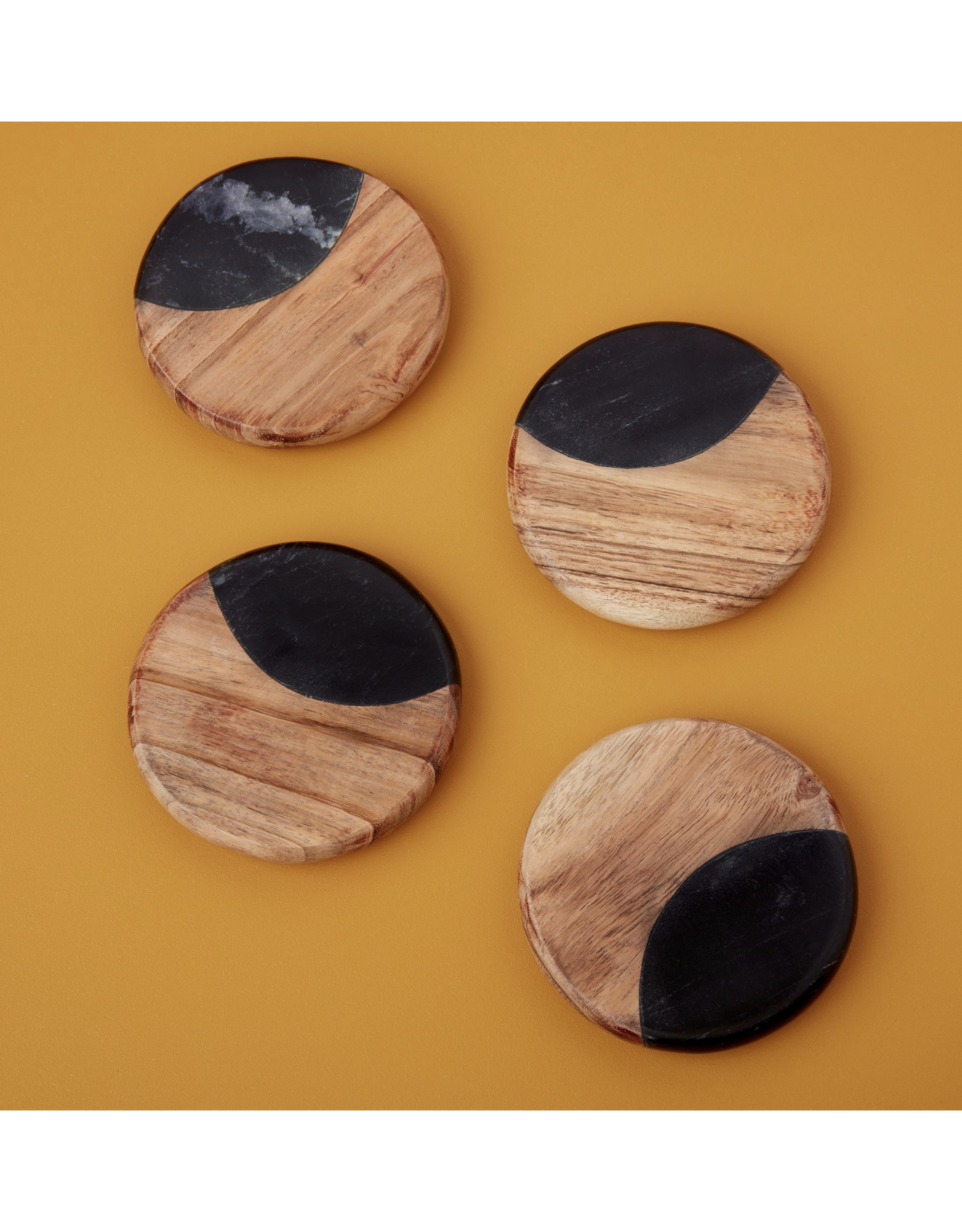 Be Home Black Marble & Acacia Round Coasters, set of 4 (engraving included)