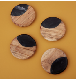 Be Home Black Marble & Acacia Round Coasters, set of 4 (engraving included)