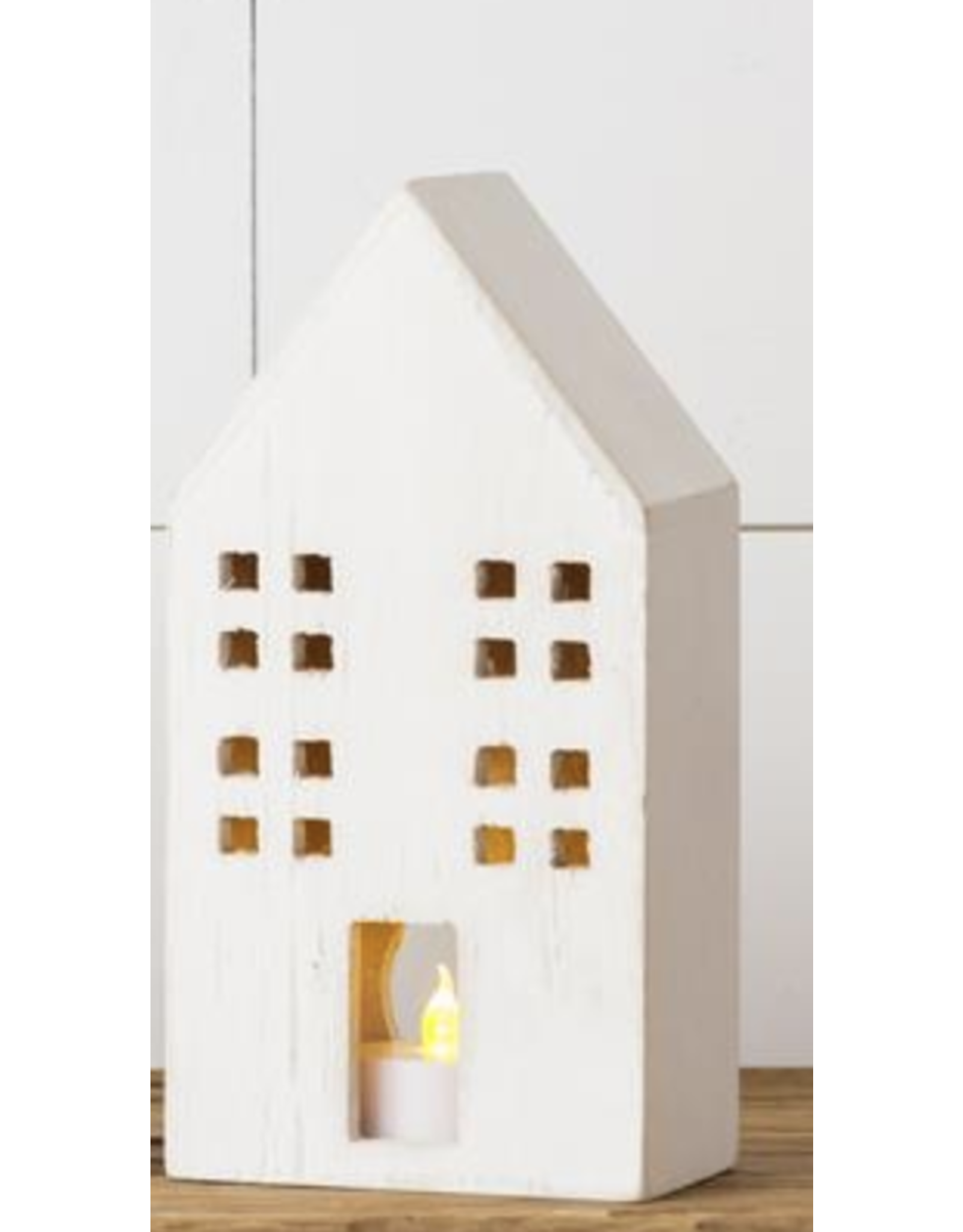 audreys White Distressed Wooden House with Light Hole, Medium