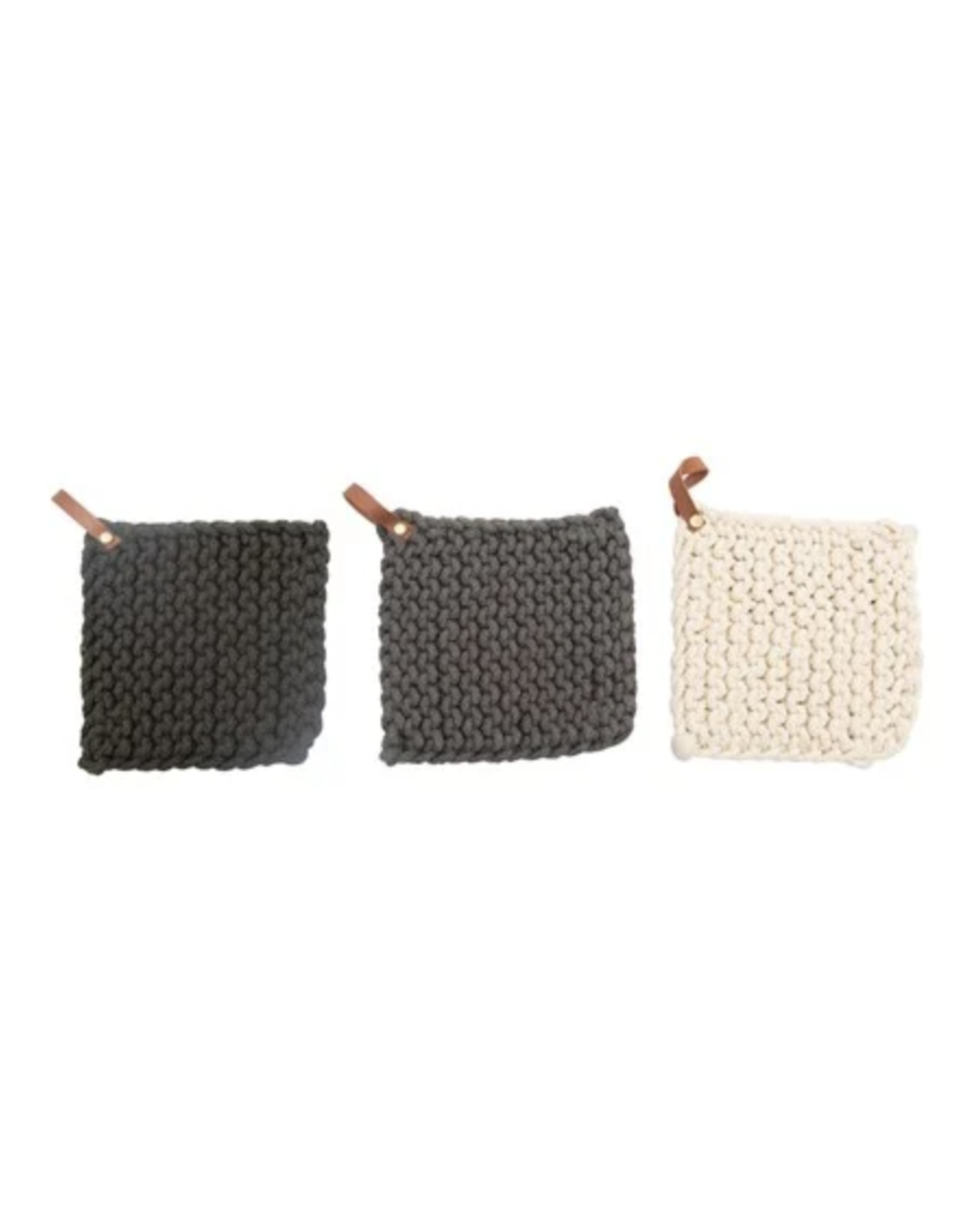 Creative Co-Op Cotton Crocheted Pot Holder with Leather Strap
