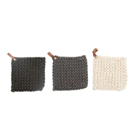 Creative Co-Op Cotton Crocheted Pot Holder with Leather Strap