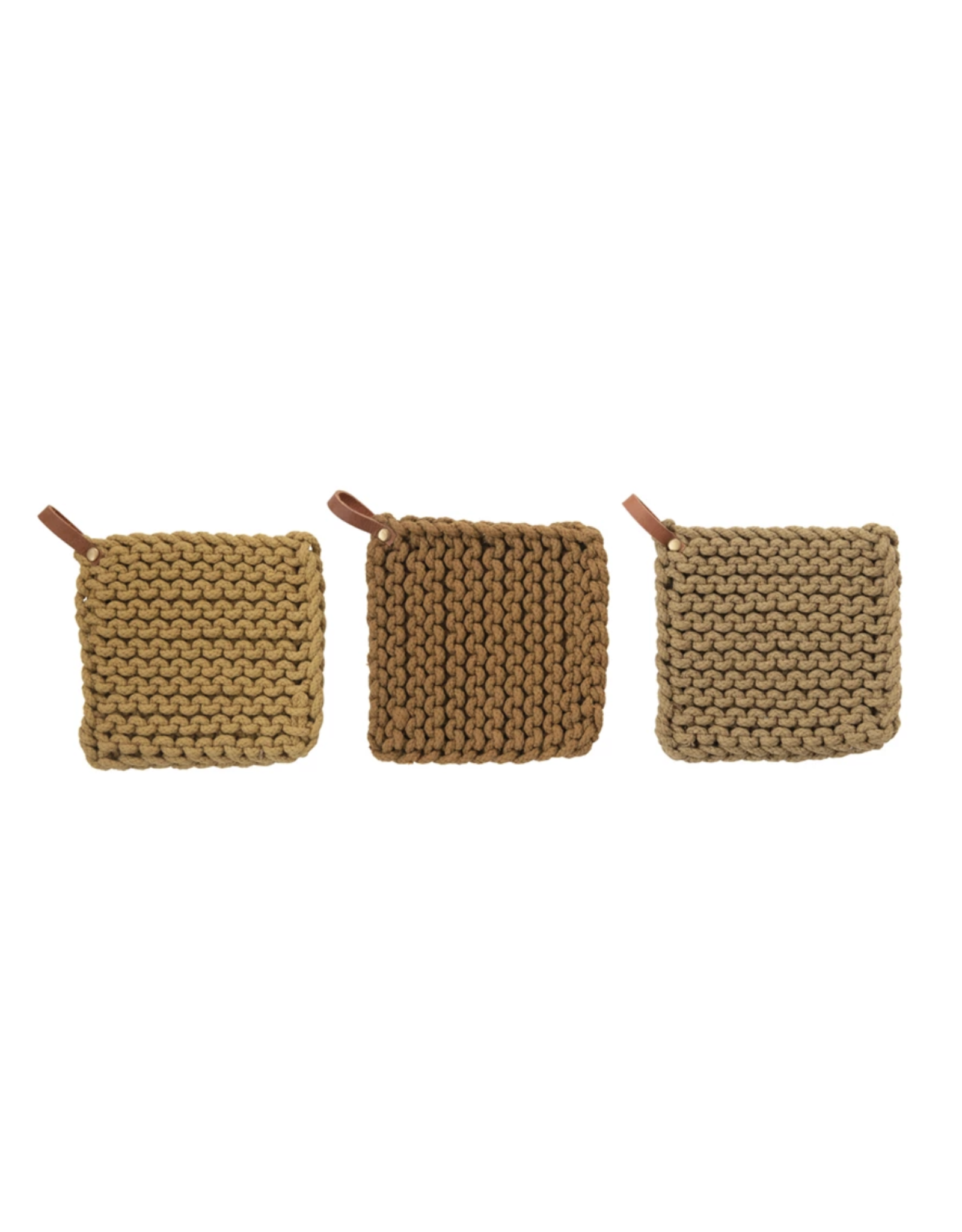 Creative Co-Op Cotton Crocheted Pot Holder with Leather Strap