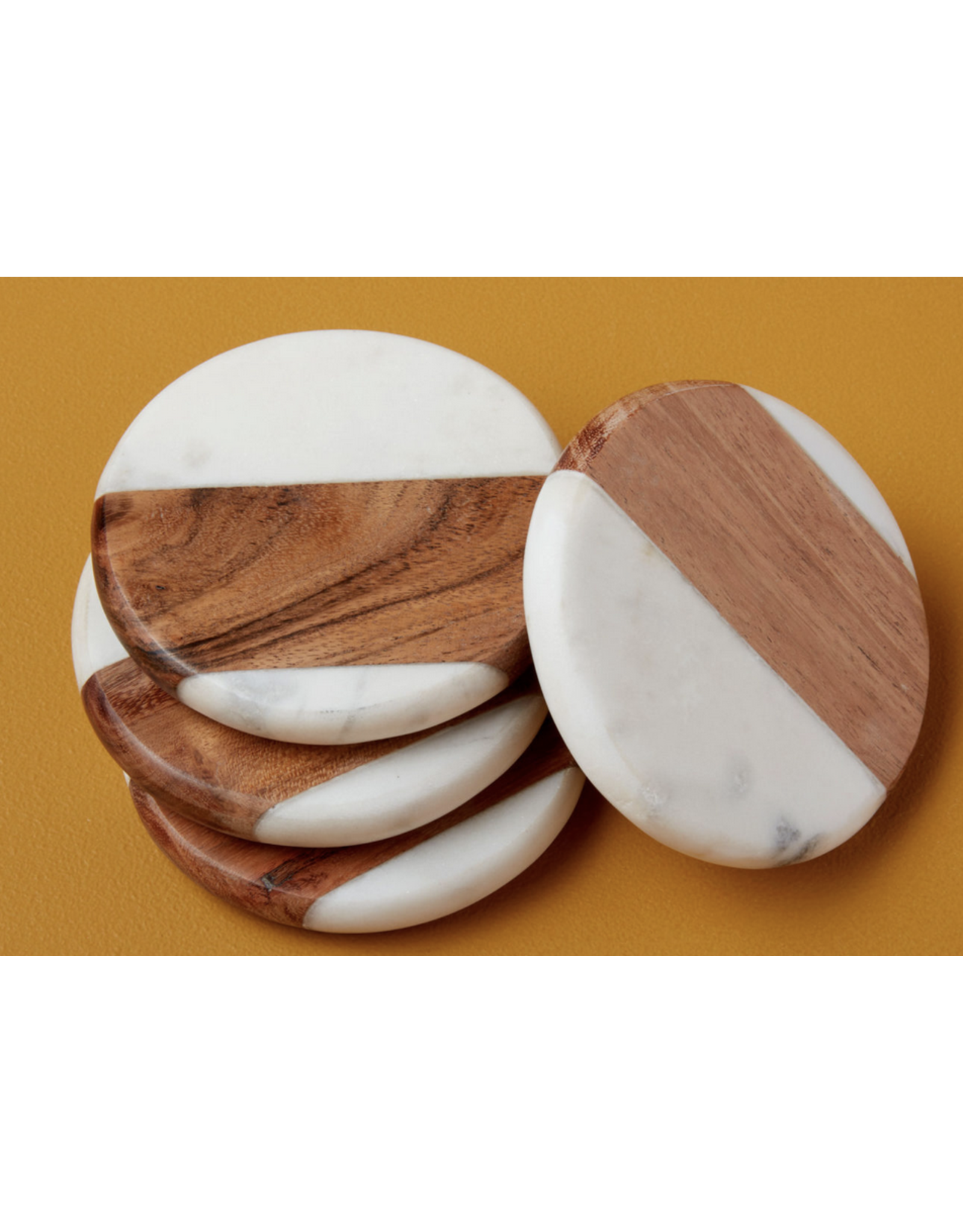 Be Home Dark Acacia & White Marble Round Coasters, set of 4 (engraving included)