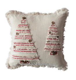 Creative Co-Op 18" Cotton Pillow with Embroidered Tree & Fringe