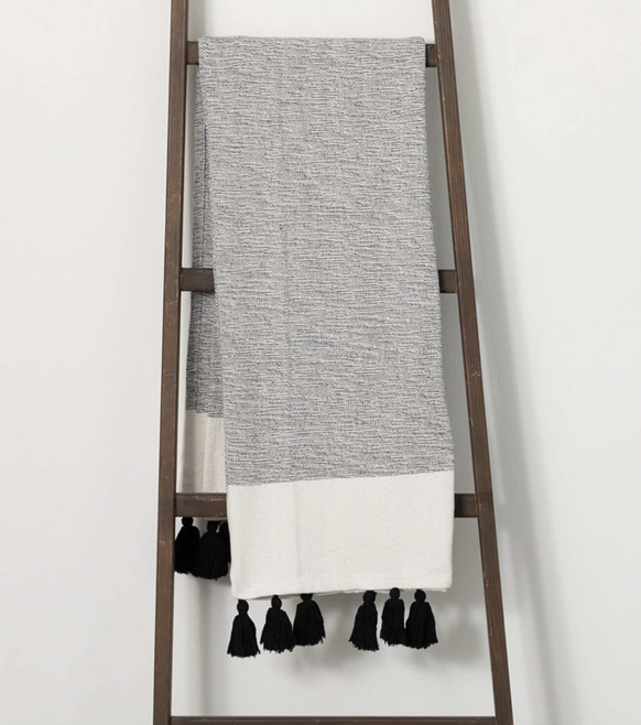 Grey & White Throw with Black Tassels The Good Tree