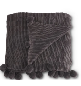 K & K Dark Gray Moss Stitich Knit Throw with Pompom Trim