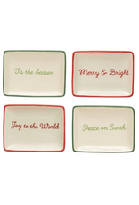 Creative Co-Op Stoneware Holiday Words Dish & Red/Green Rim