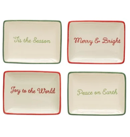 Creative Co-Op Stoneware Holiday Words Dish & Red/Green Rim