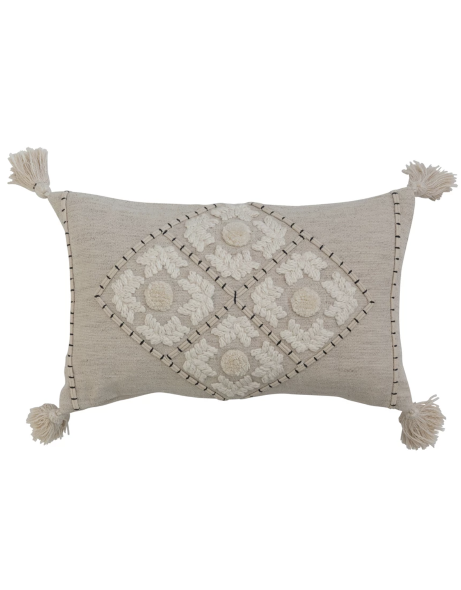 Bloomingville 20" x 12" Cotton & Linen  Lumbar Pillow w/ Embroidery & Tassels