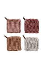 Creative Co-Op Cotton Crocheted Pot Holder with Leather Strap
