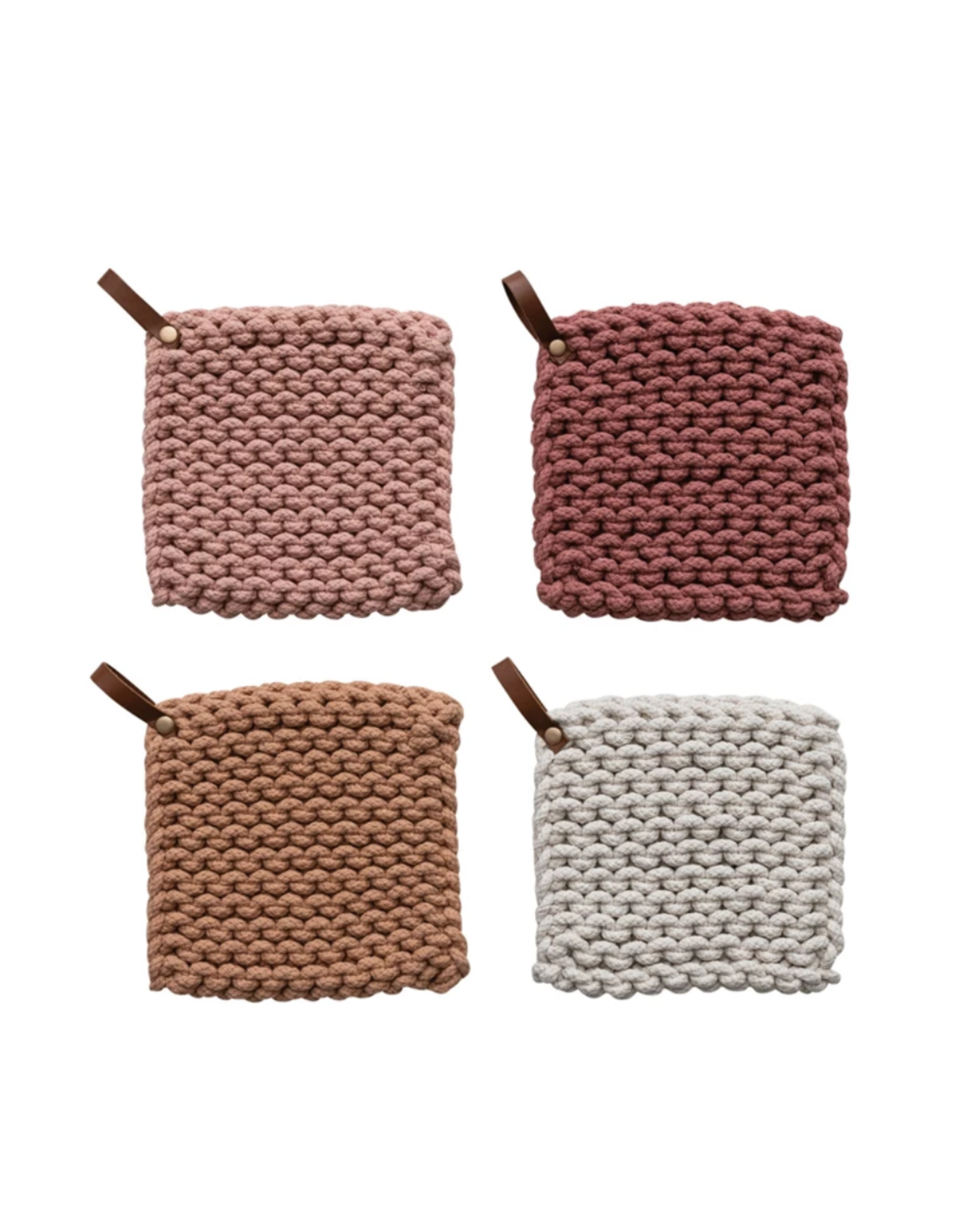 Creative Co-Op Cotton Crocheted Pot Holder with Leather Strap