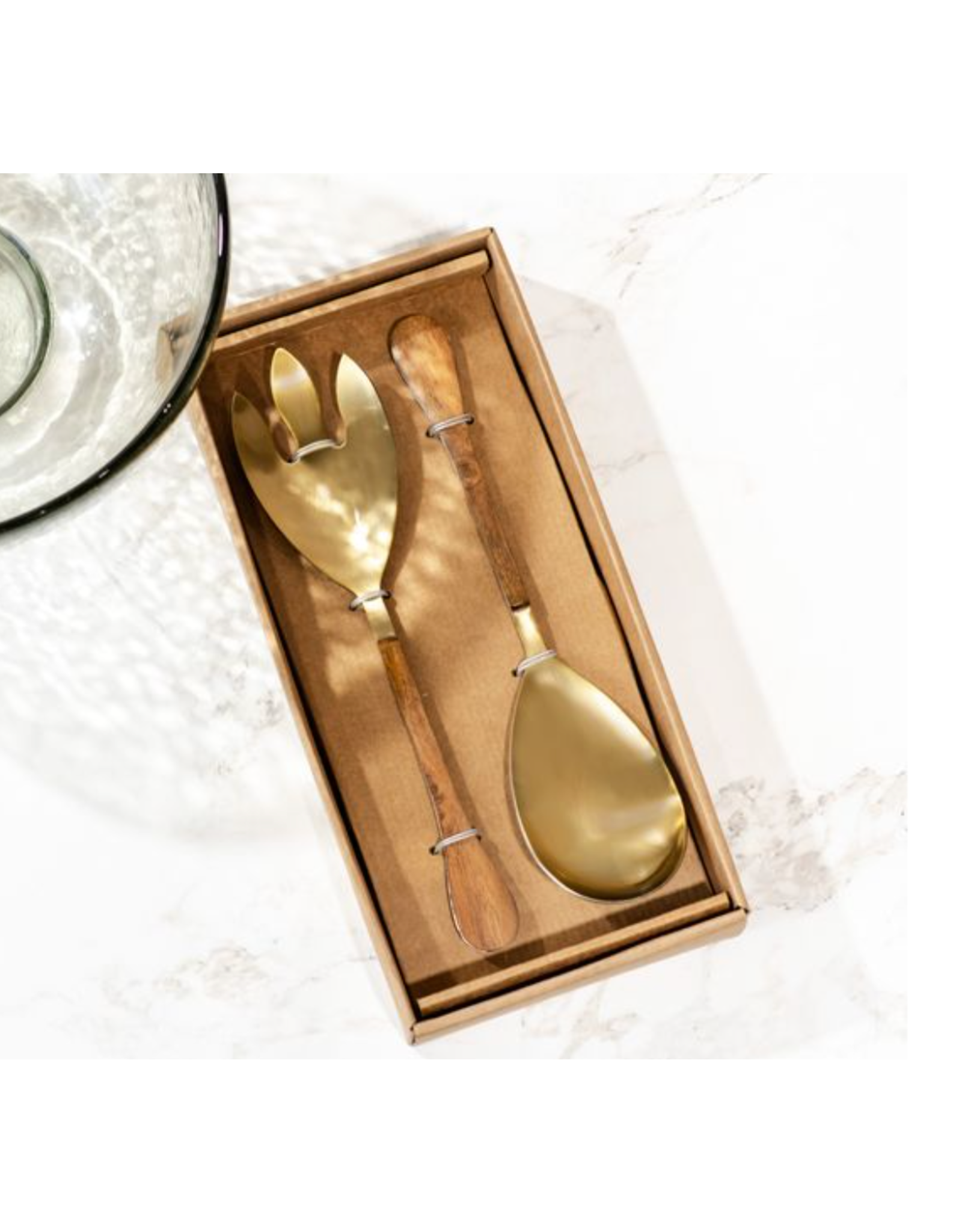 PD Home & Garden Wood and Hammered Brass Salad Server