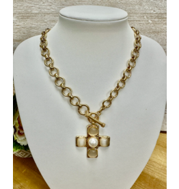 Golden Stella Chapel Pearl Cross Necklace