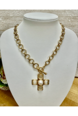 Golden Stella Chapel Pearl Cross Necklace