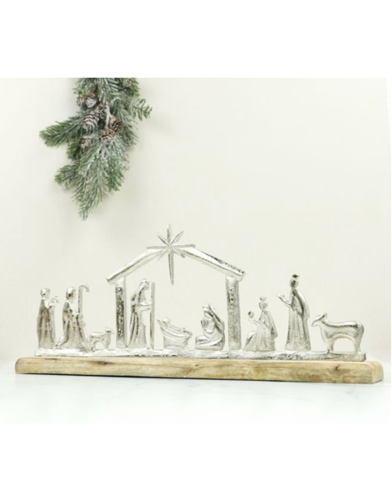 PD Home & Garden Natural Wood & Silver-Tone Nativity, 19.7"