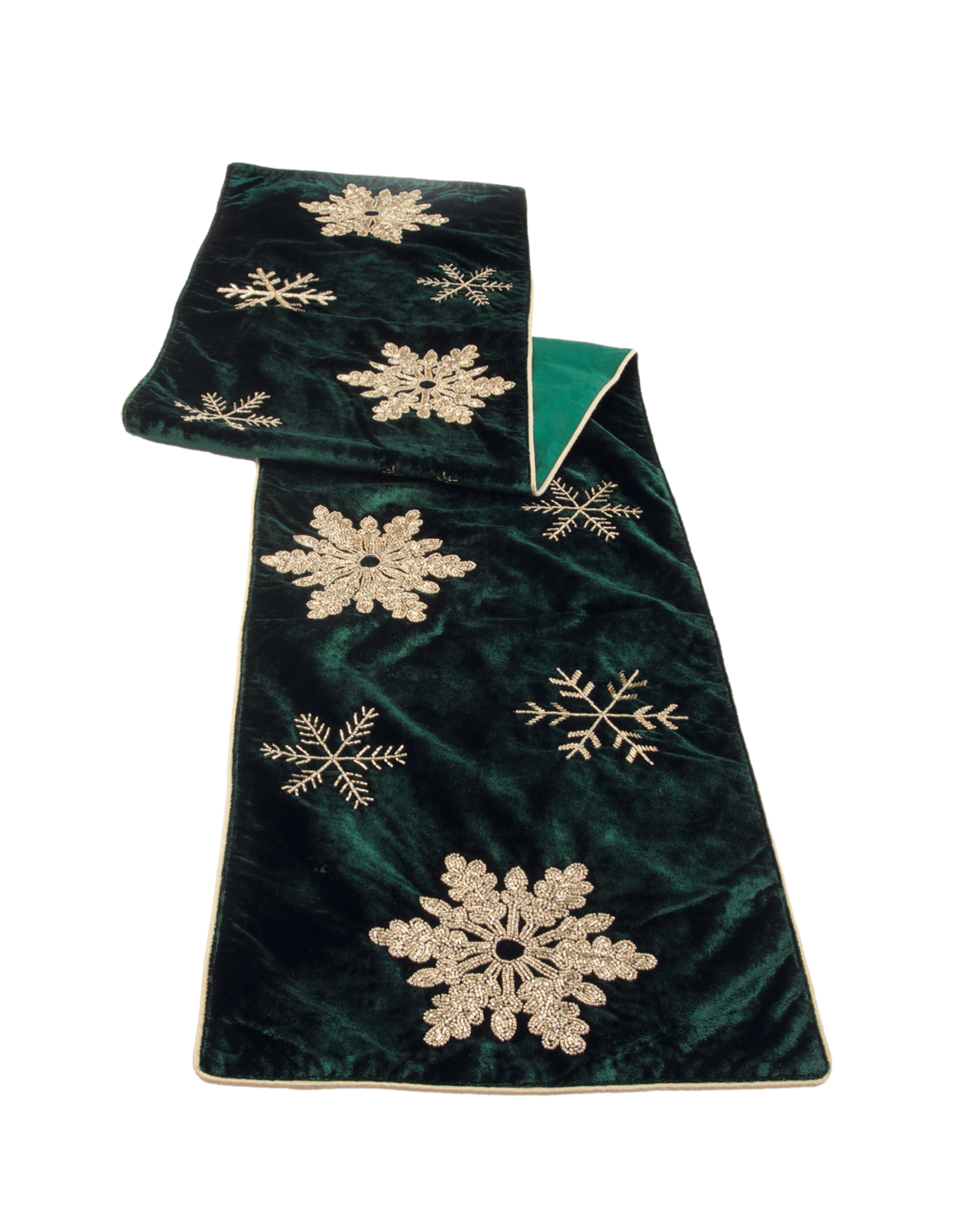 Melrose Regal Green Table Runner with Gold Snowflakes