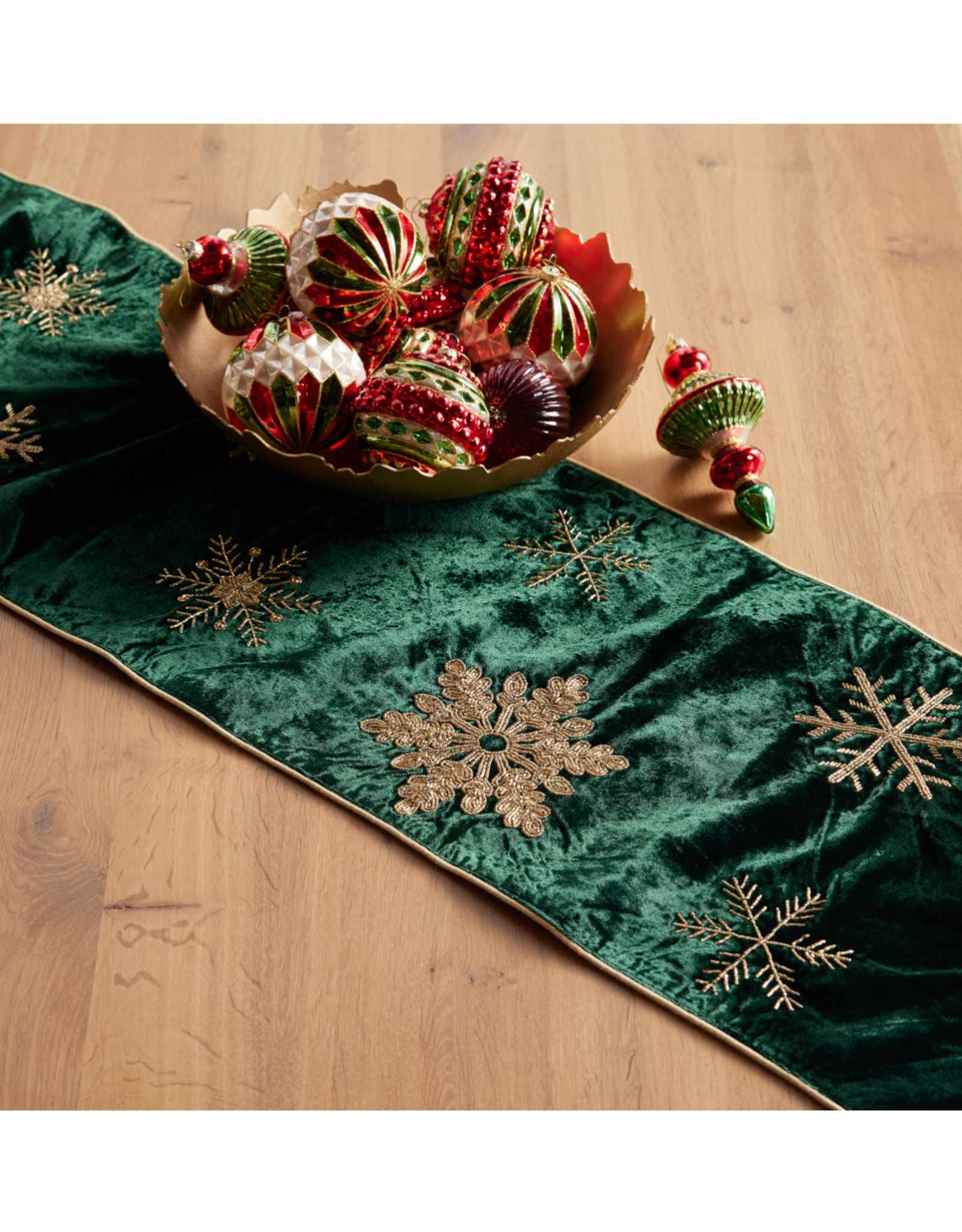 Melrose Regal Green Table Runner with Gold Snowflakes