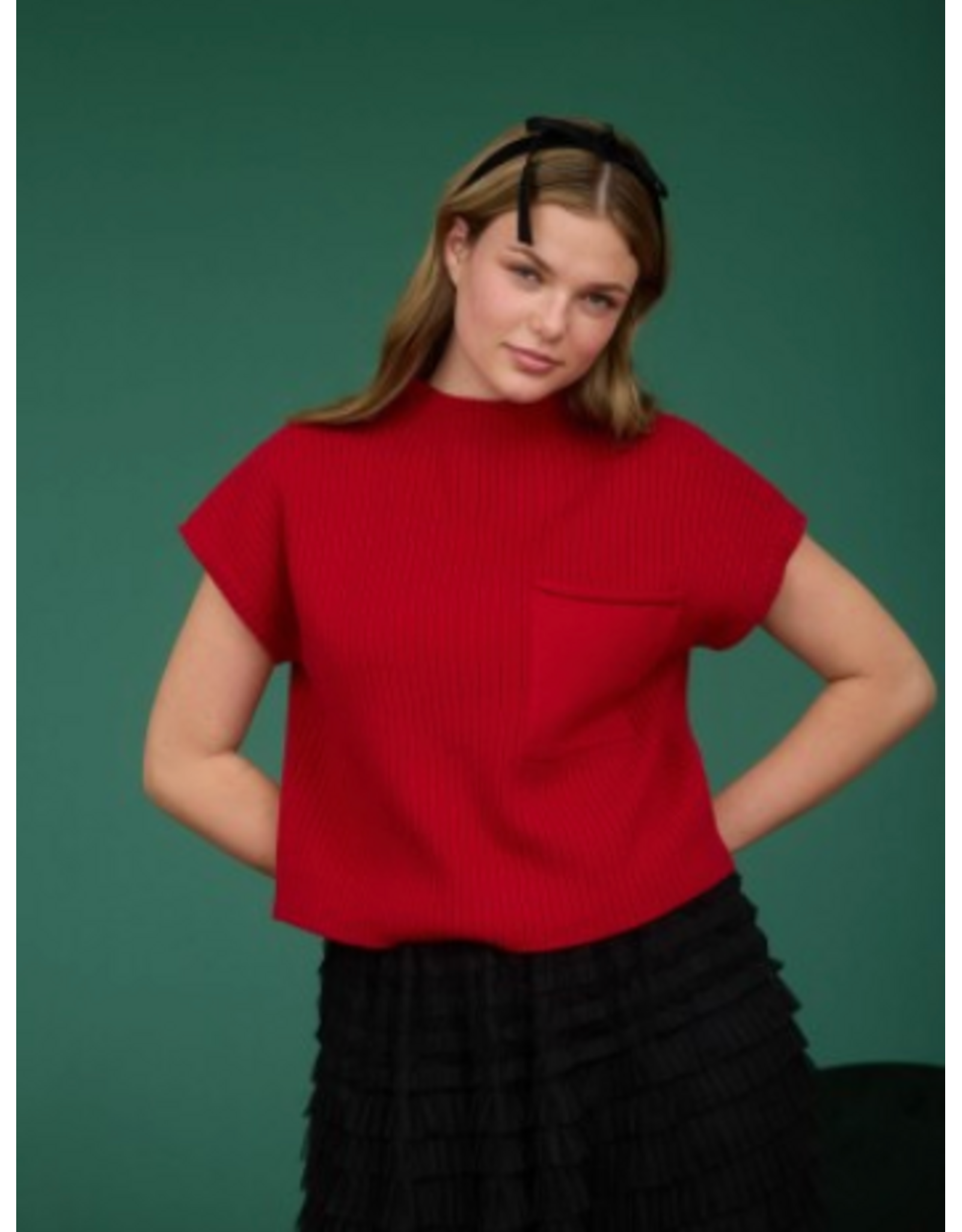 Blu Pepper Mock Neck Pocket Short Sleeve Knit Sweater