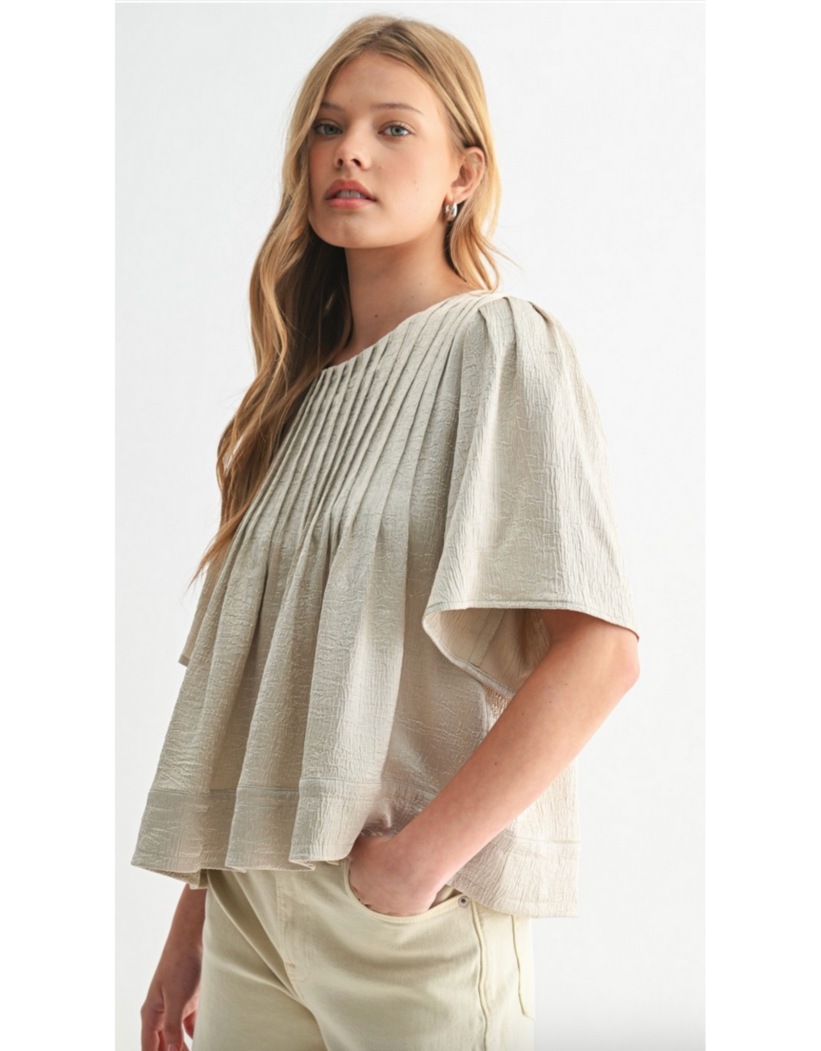 Fun2Fun Texture Satin Pin Tuck Ecru Blouse