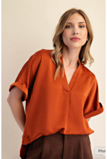 Glam V-Neck Placket Cuffs Short Sleeve Blouse, Rust Glam V-Neck Placket Cuffs Short Sleeve Blouse, Rust