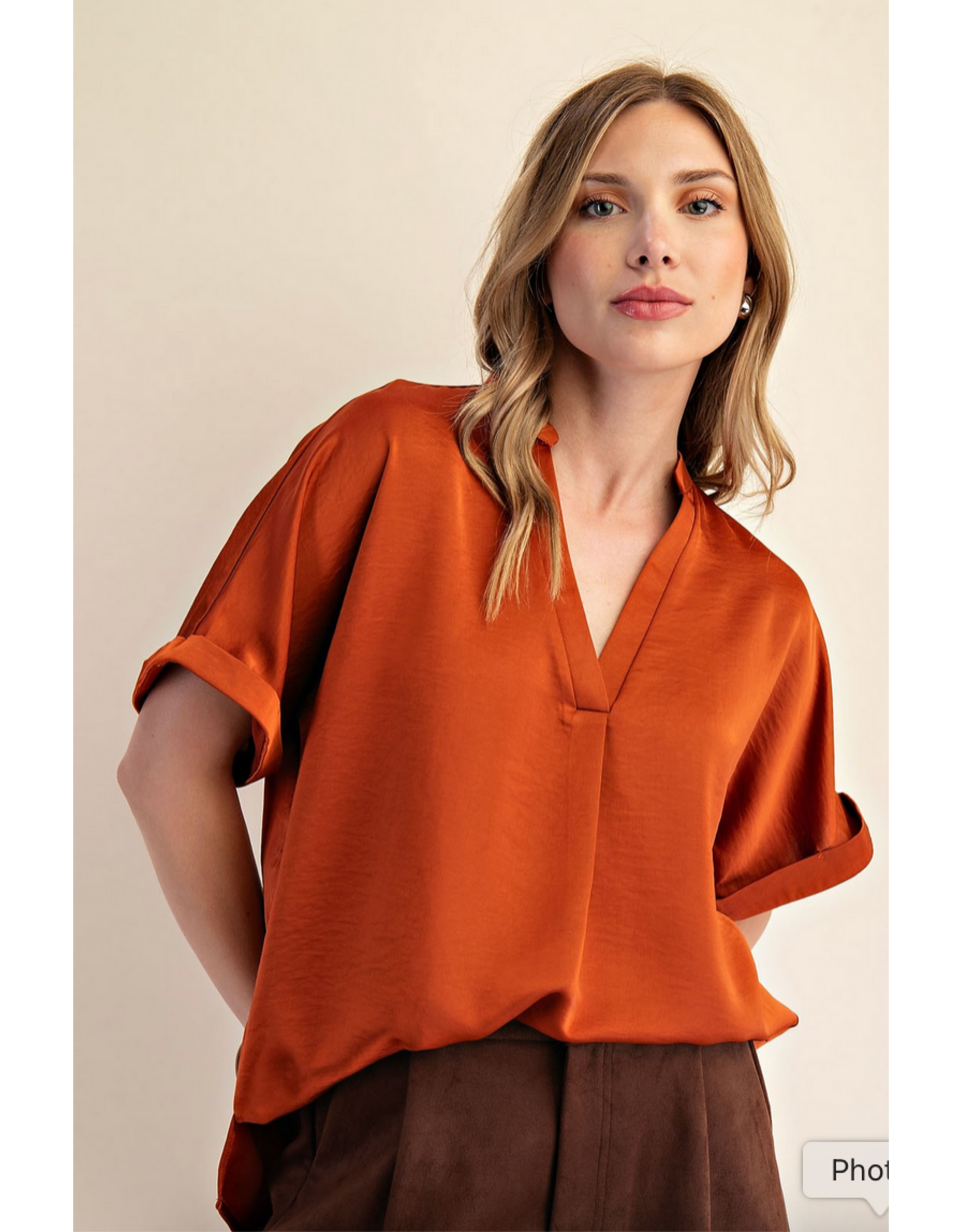 Glam V-Neck Placket Cuffs Short Sleeve Blouse, Rust