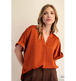 Glam V-Neck Placket Cuffs Short Sleeve Blouse, Rust