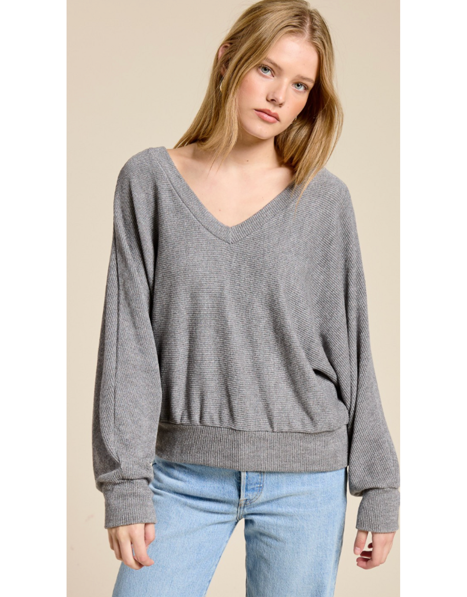 Charlotte Avery Rib Knit V-Neck Dolman Top