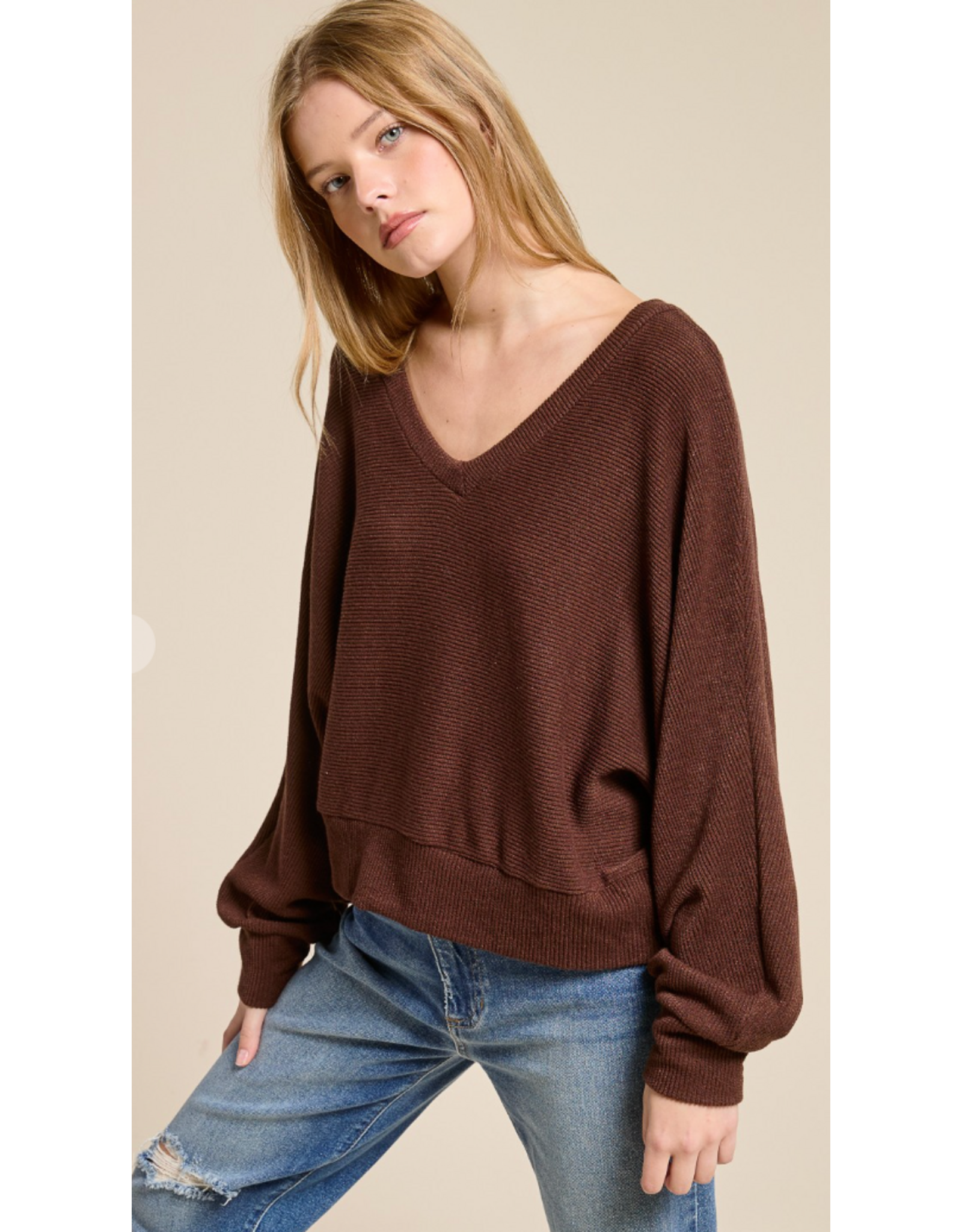 Charlotte Avery Rib Knit V-Neck Dolman Top