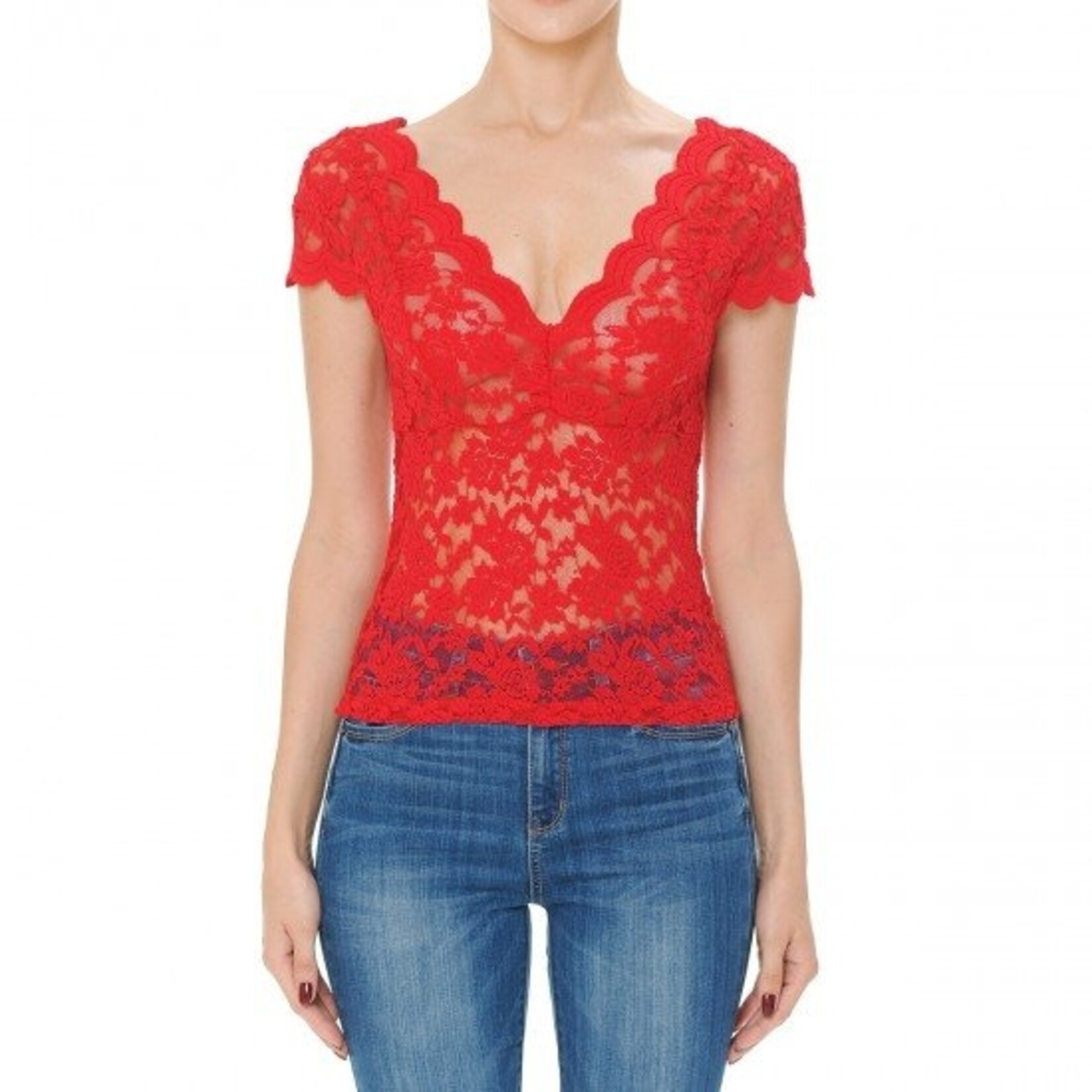 Ambiance Apparel Women's V Neck Lace Top- 71838