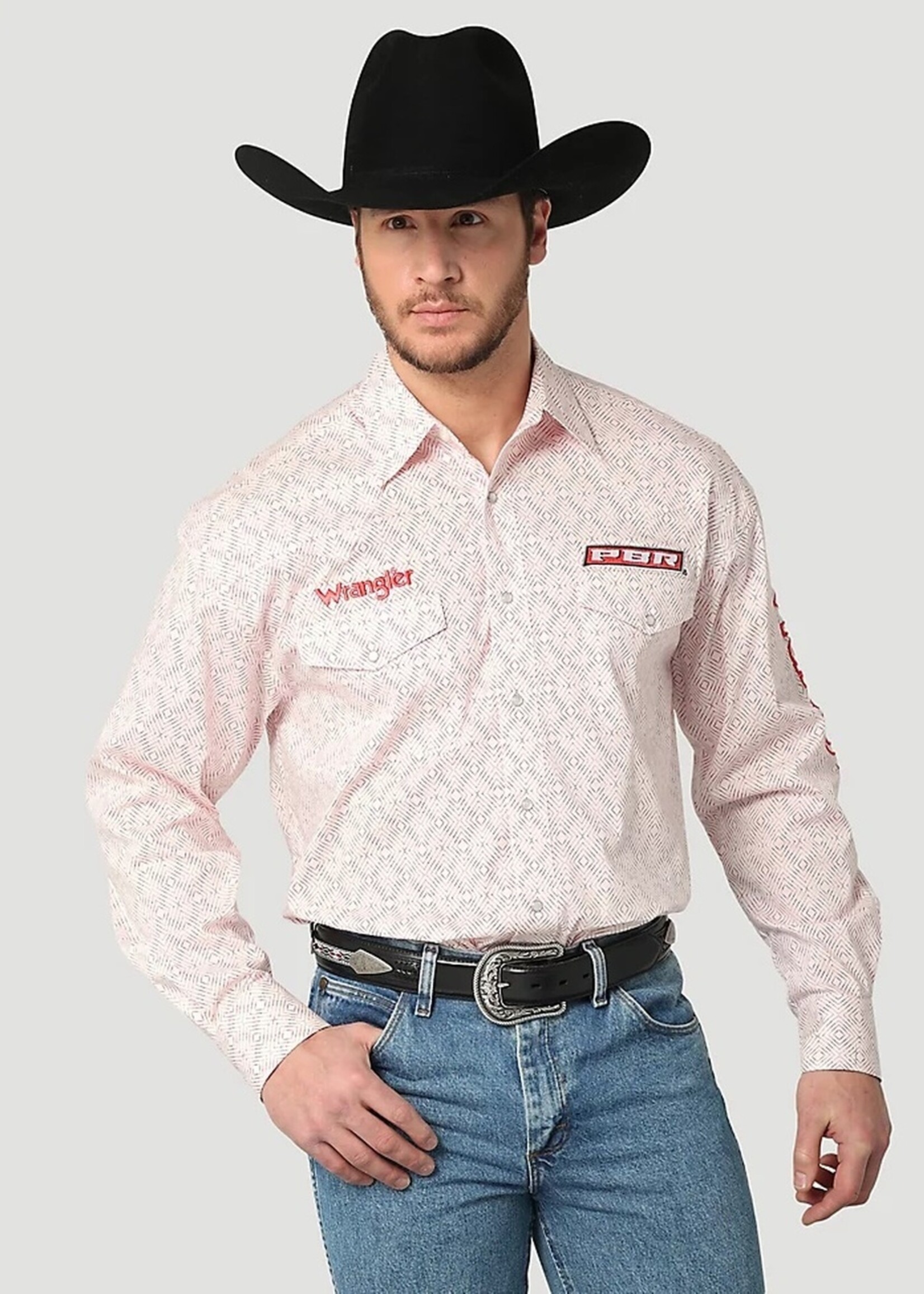 Wrangler PBR Mens Long Sleeve Red Logo Snap Shirt