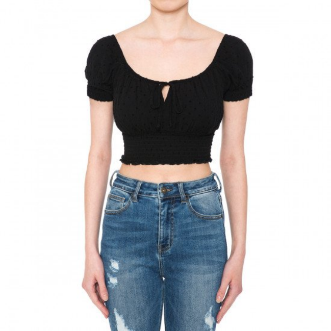 Ambiance Apparel Women Ambiance Keyhole Short Sleeve Crop Tops - 73382