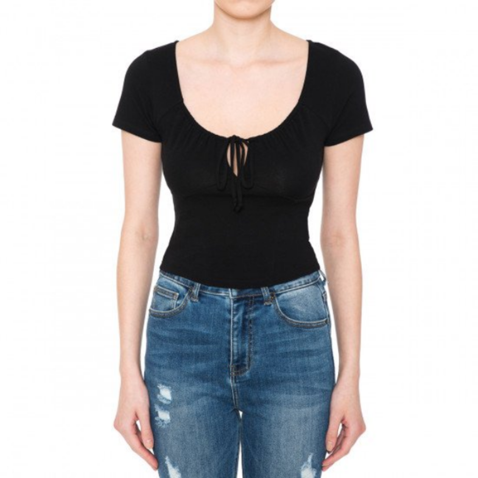 Ambiance Apparel Women Ambiance Keyhole Short Sleeve Crop Tops - 73382