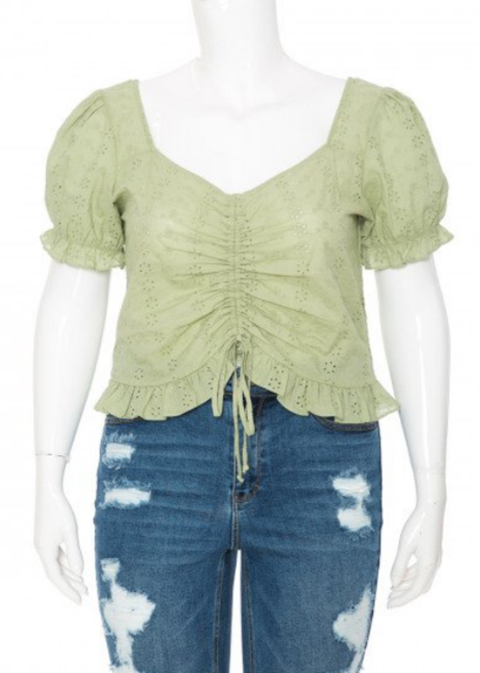 Faithfull The Brand Marie Smocked Linen Top in Green