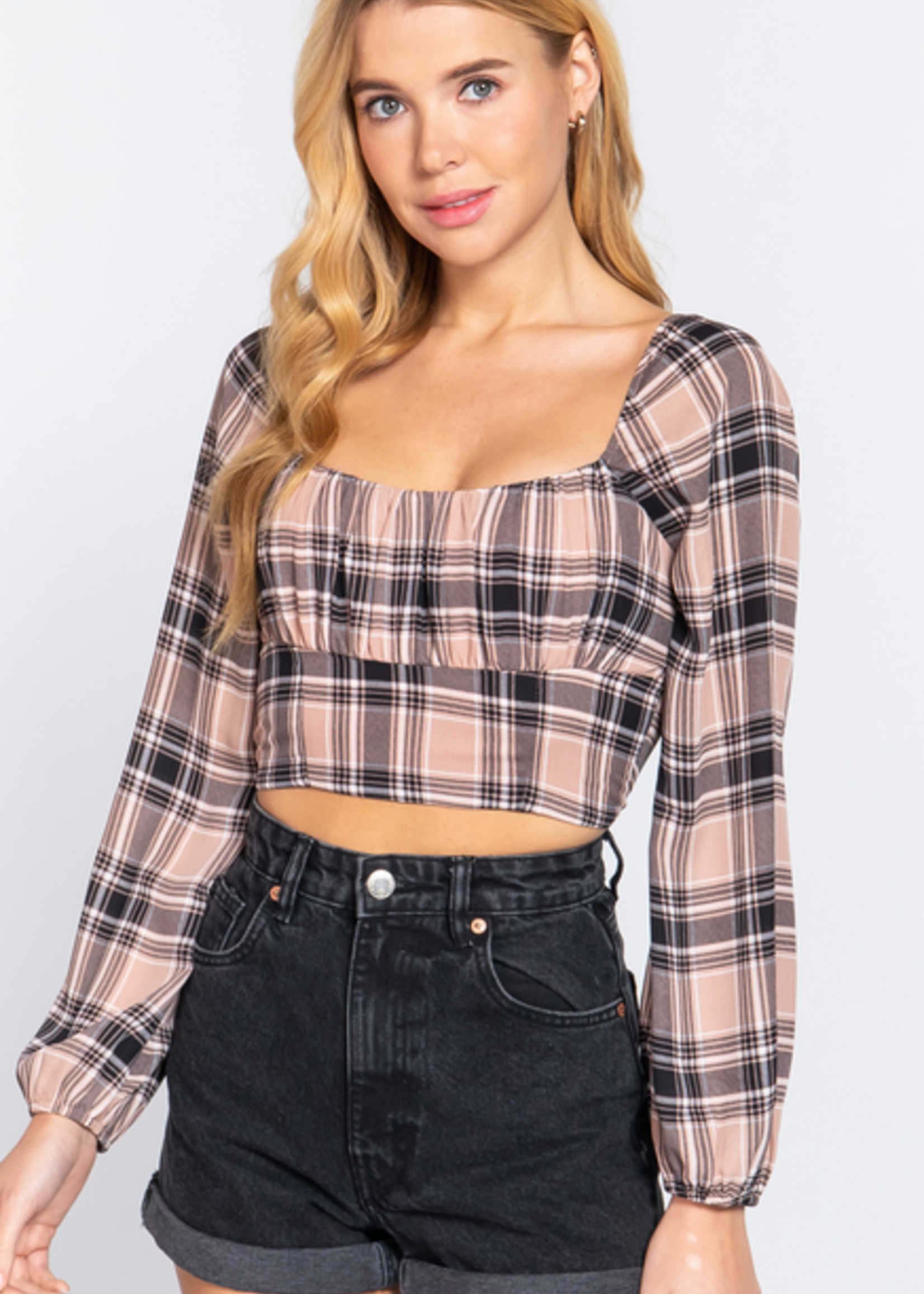 Active USA - Long Slv Plaid Print Woven Crop Top - T13218 - Oly's