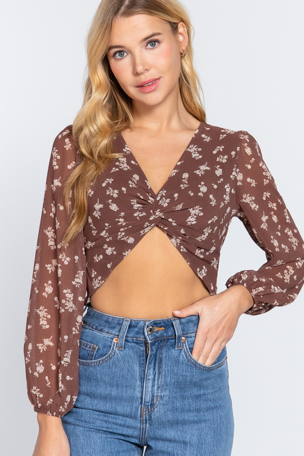 Active USA - Long Slv Twisted Print Crop Top - T13213