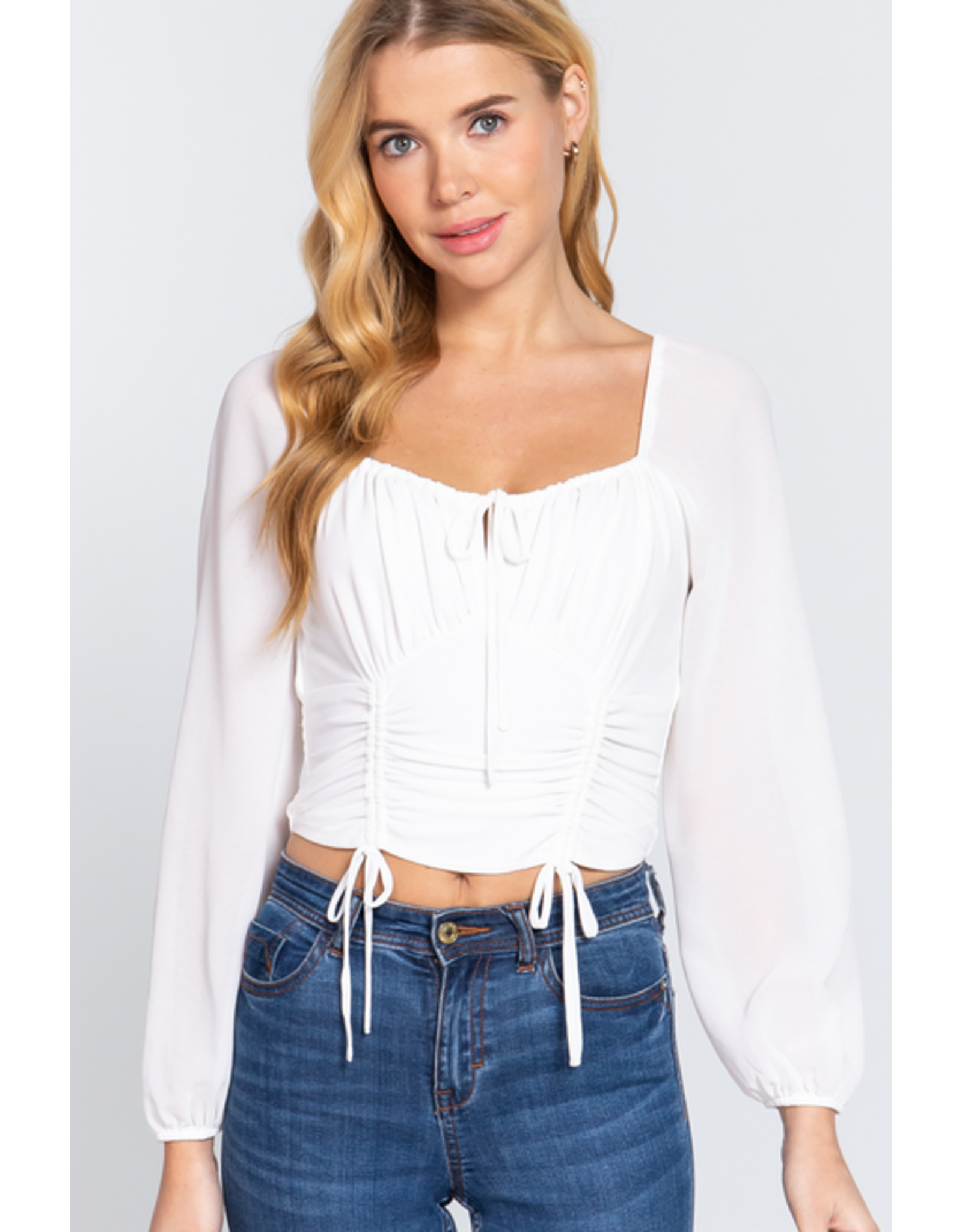 ACTIVE USA, INC. Active USA - Long Slv Ruched Woven Top - T13242
