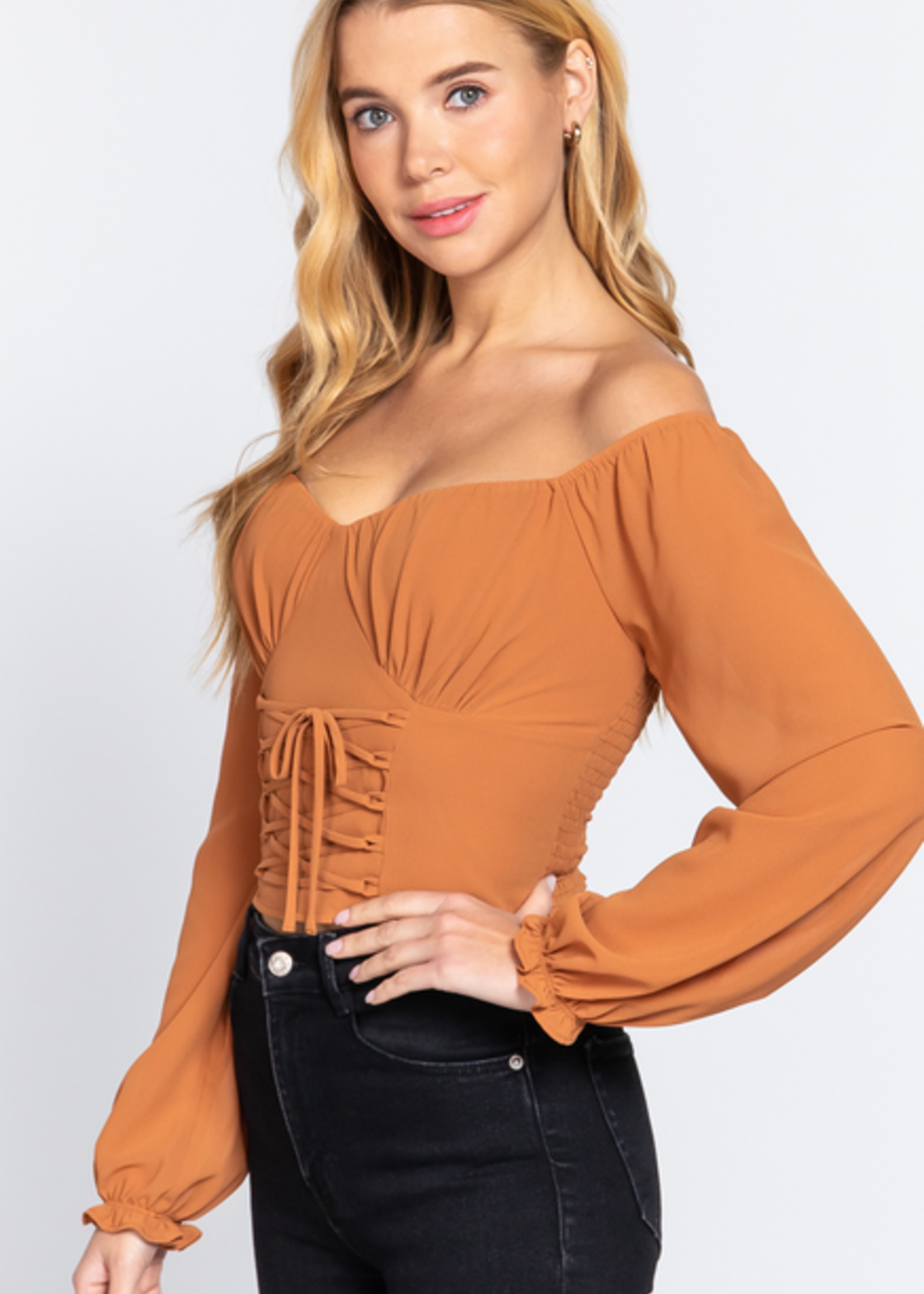 ACTIVE USA, INC. Active USA - Off Shoulder Lace Up Woven Top - T13217