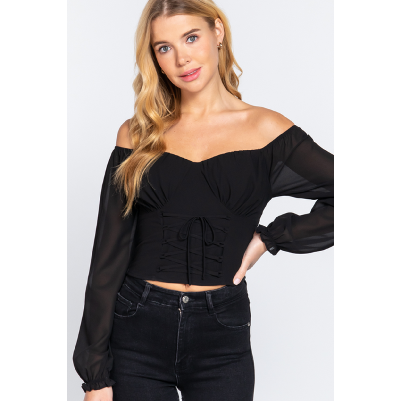 ACTIVE USA, INC. Active USA - Off Shoulder Lace Up Woven Top - T13217