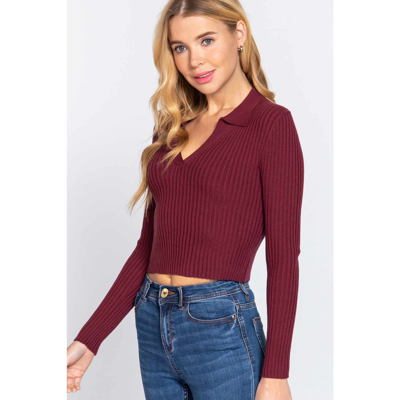 ACTIVE USA, INC. Active USA - Long Sleeve Nothced Collar Rib Sweater Top- SW13185