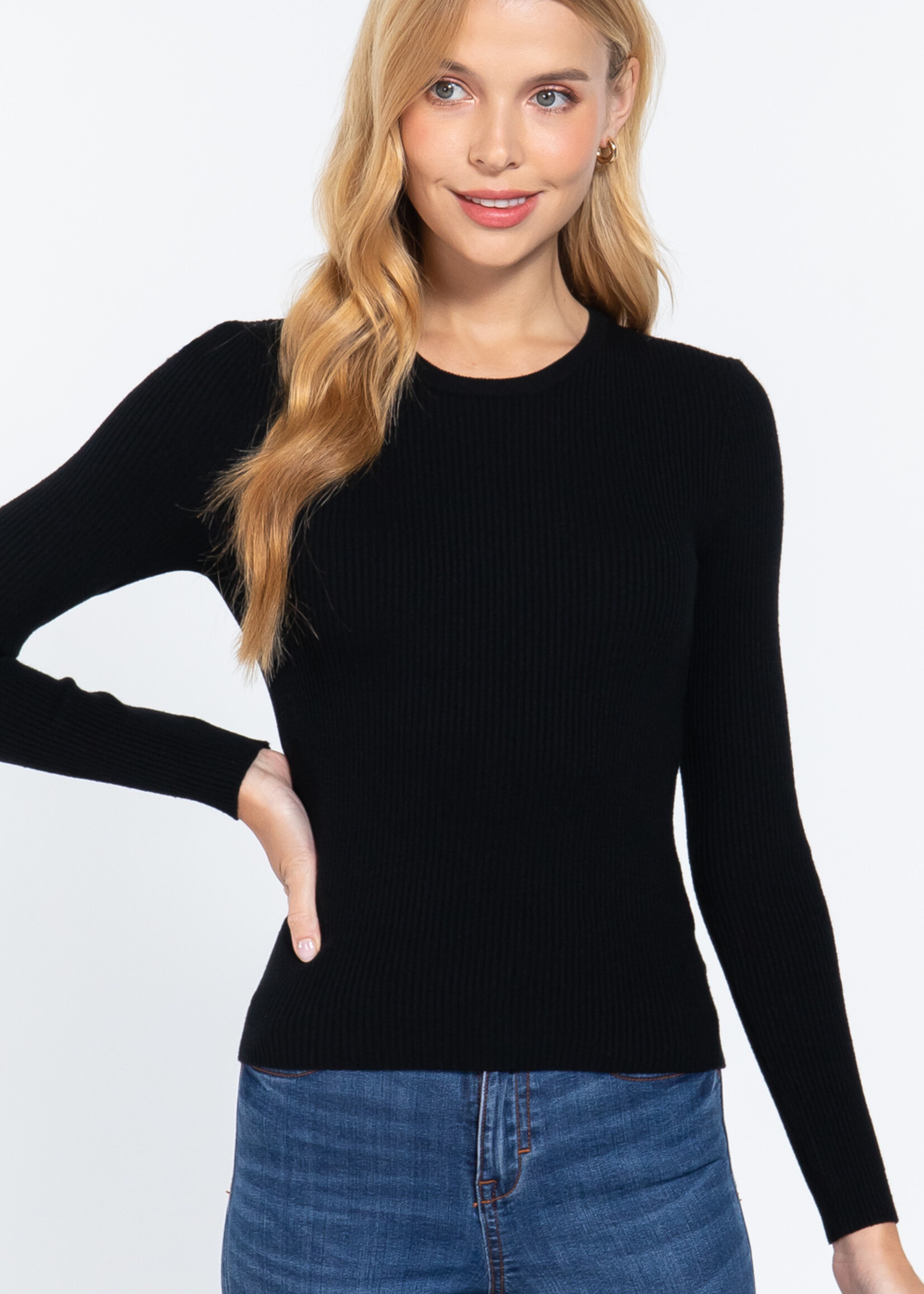 ACTIVE USA, INC. Active USA LONG SLEEVE CREW NECK fitted Rib Sweater top  - SW12227
