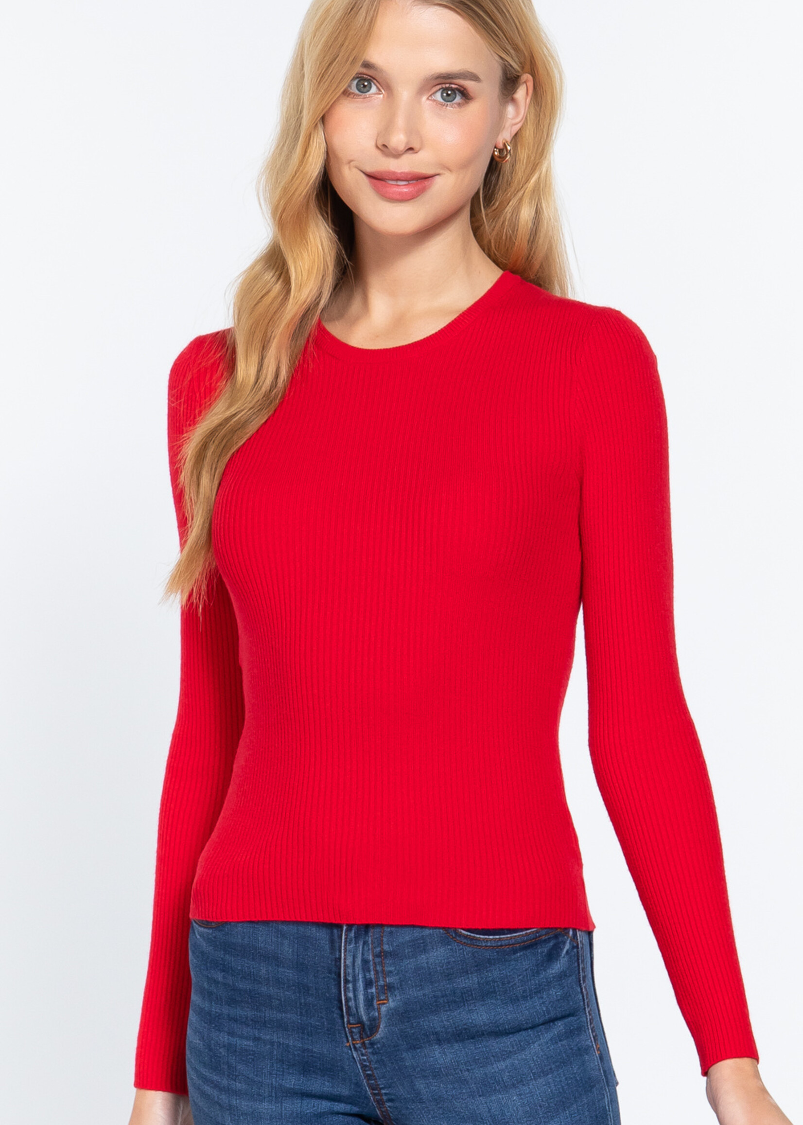 ACTIVE USA, INC. Active USA LONG SLEEVE CREW NECK fitted Rib Sweater top  - SW12227