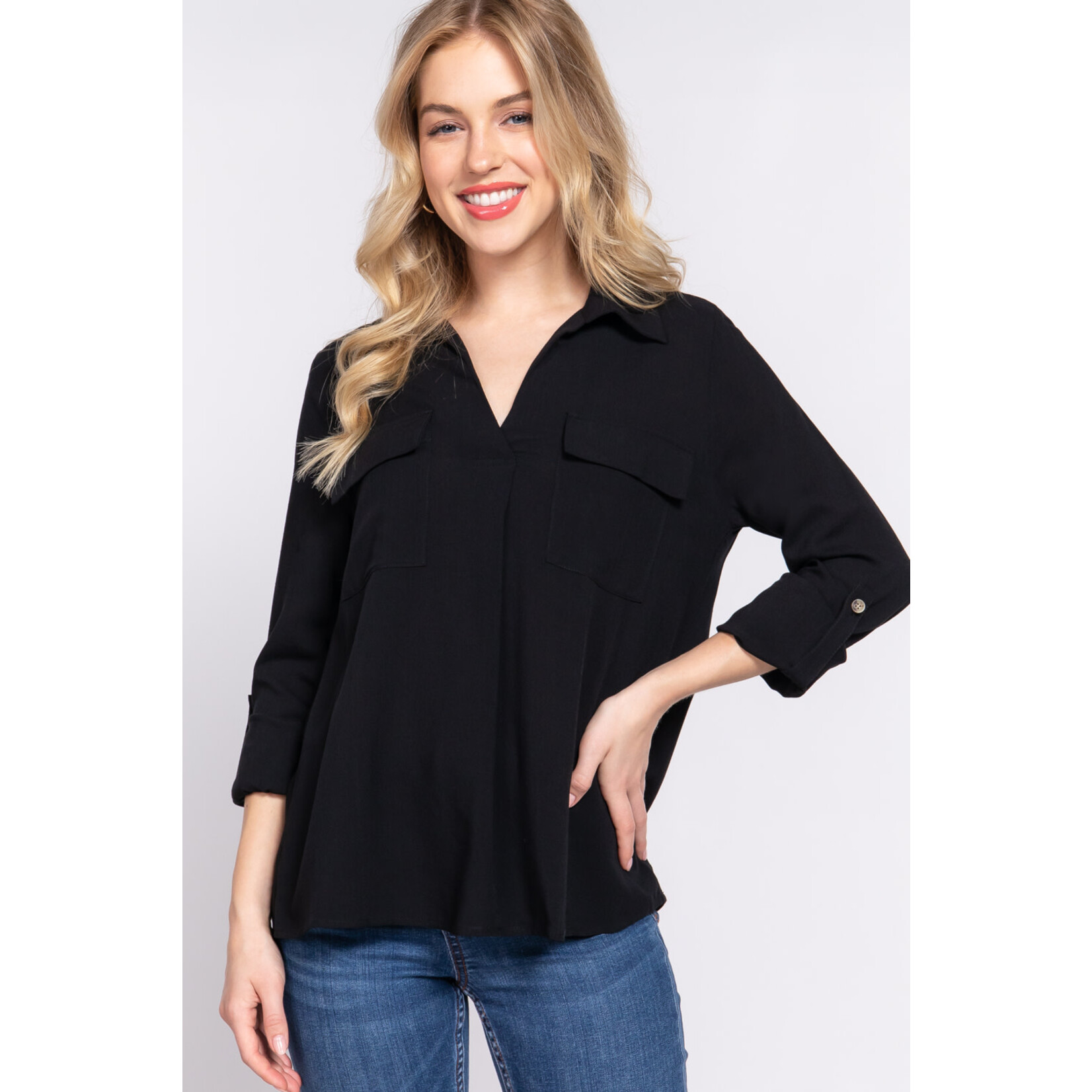 ACTIVE USA, INC. Active USA - 3/4 Roll Up Slv Notched Collar Blouse - T13603