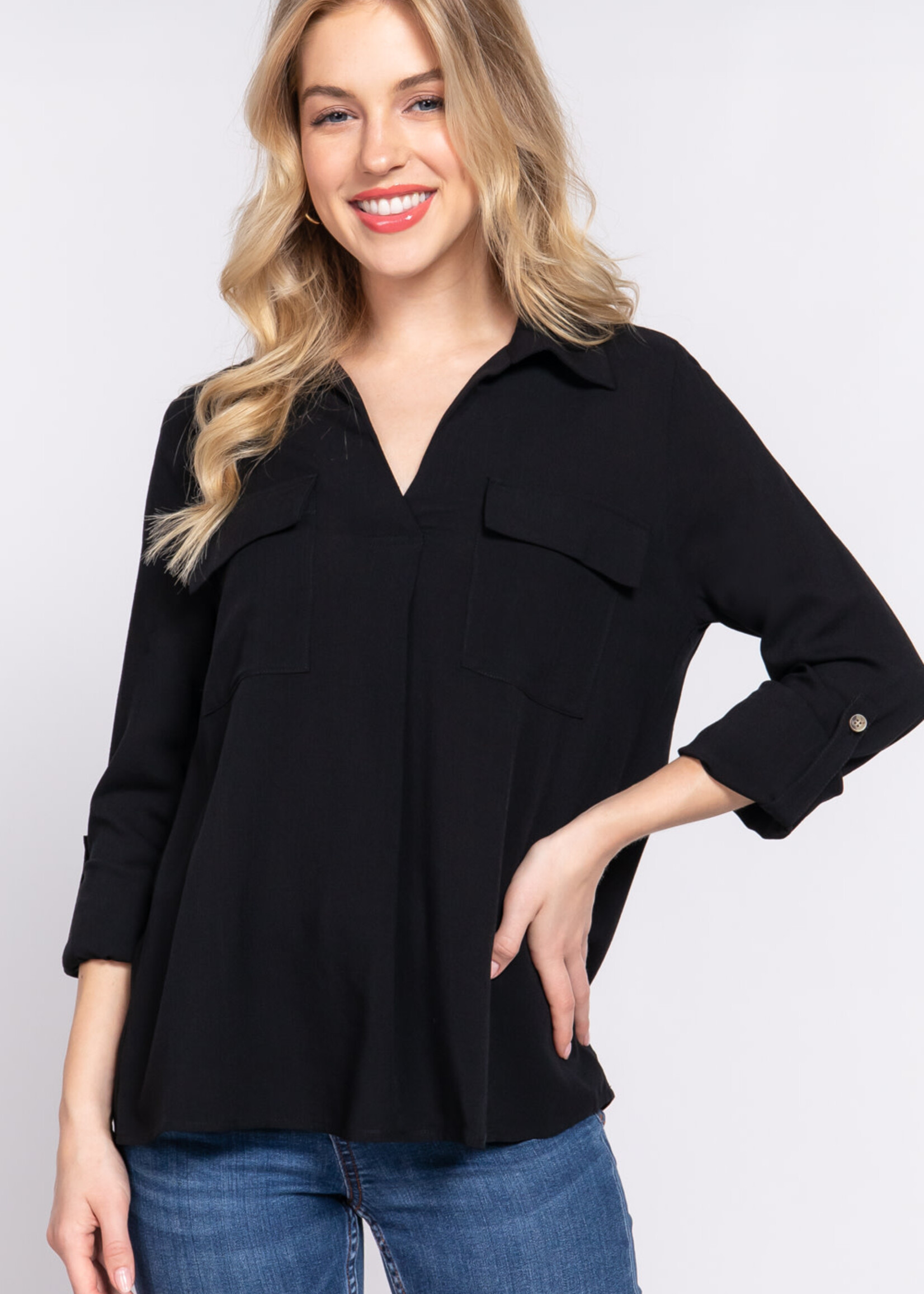 ACTIVE USA, INC. Active USA - 3/4 Roll Up Slv Notched Collar Blouse - T13603