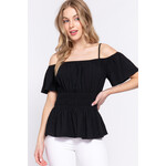 ACTIVE USA, INC. Open Shoulder Smocking Woven Top - T13423