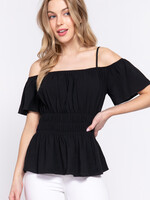 ACTIVE USA, INC. Open Shoulder Smocking Woven Top - T13423