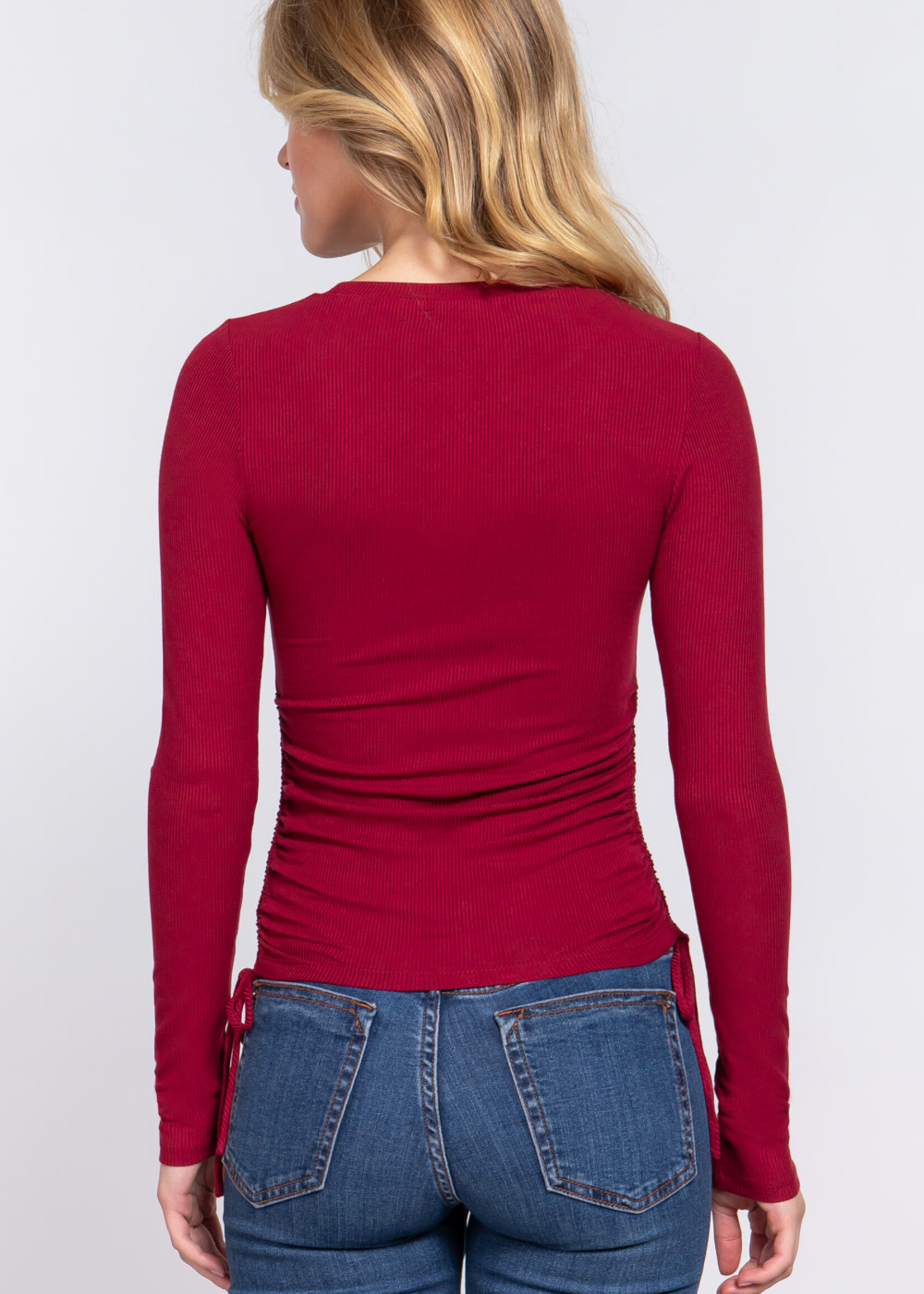Long Sleeve Ruched Rib Knit Top - T13689 - Oly's Home Fashion