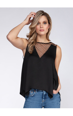 BLACK TAPE MESH YOKE TANK W HANDKERCHIEF HEM