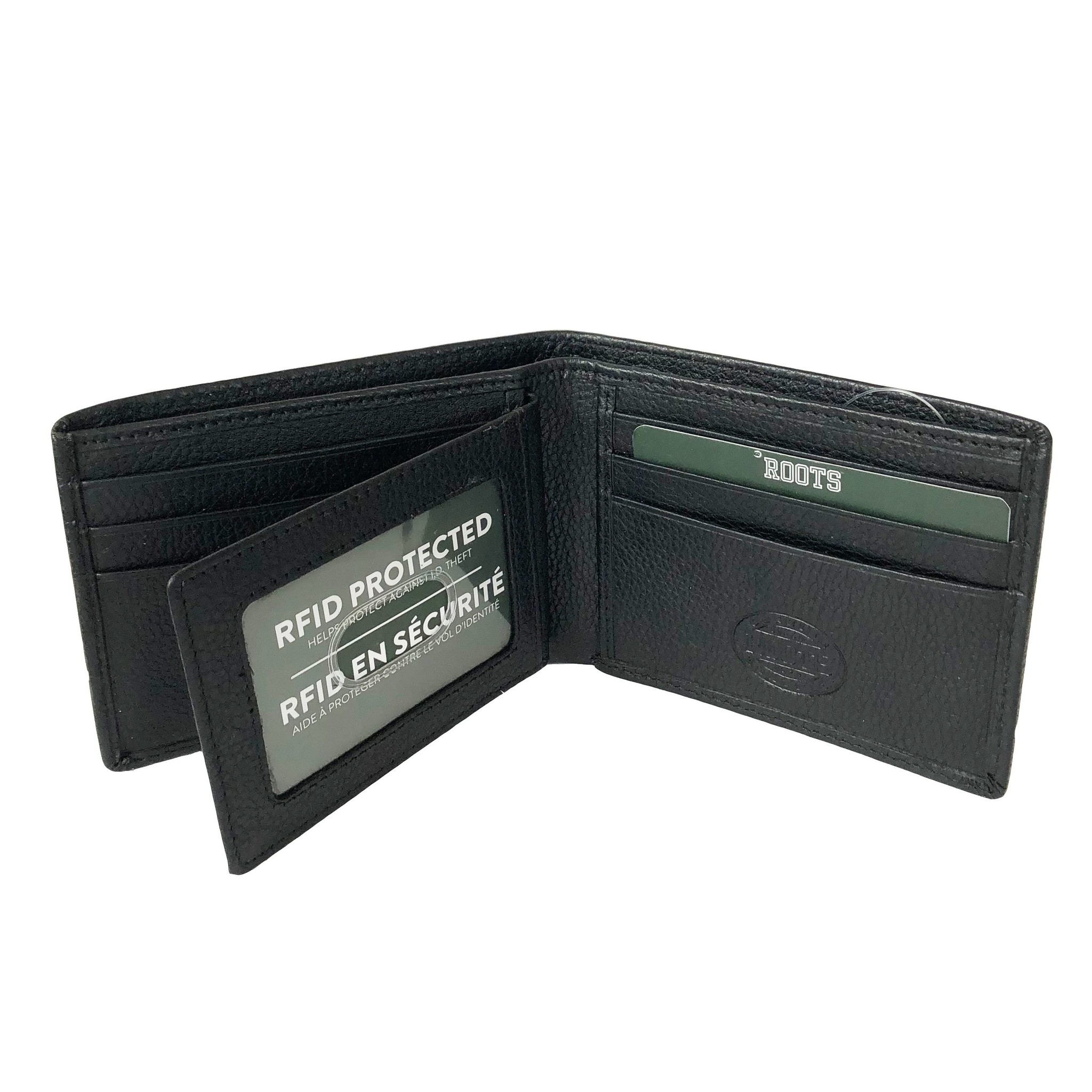 ROOTS MENS LEATHER SLIMFOLD WALLET- REMOVABLE ID