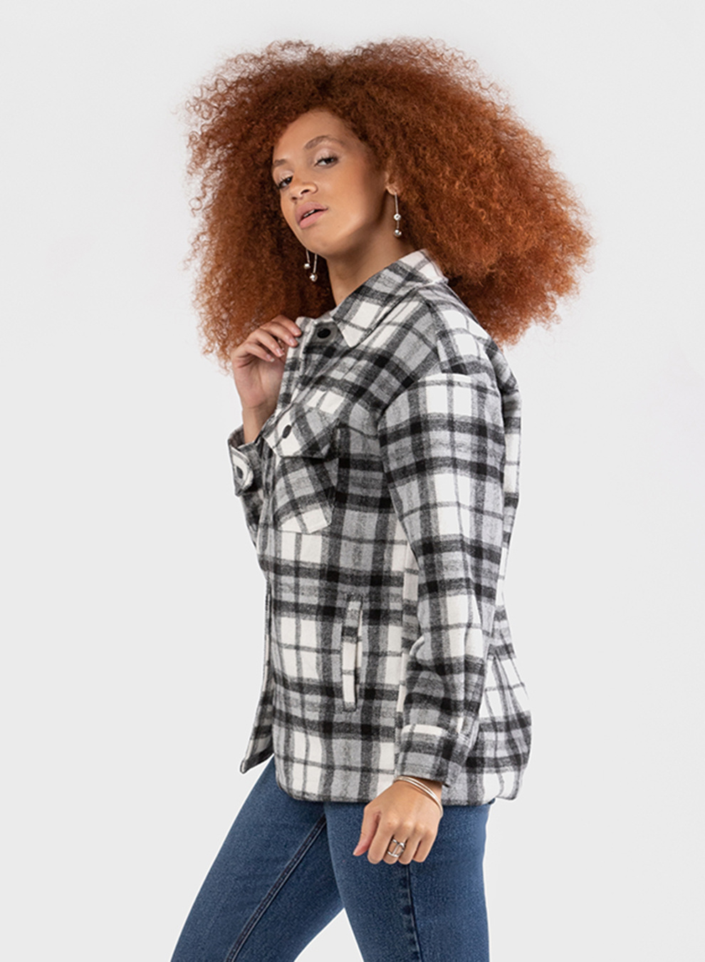 BLACK TAPE BUTTON FRONT PLAID OVERSHIRT